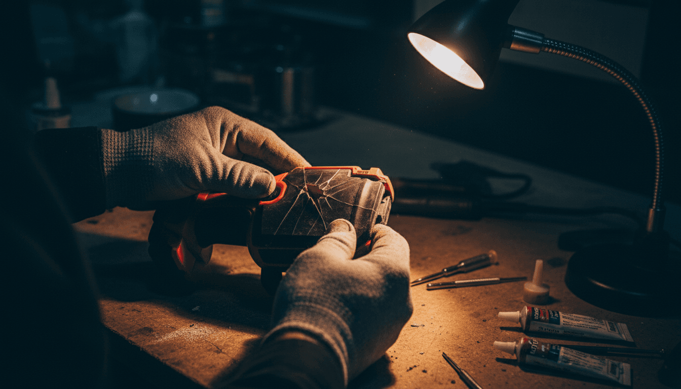 Close-up of cracked plastic housing being examined for repair