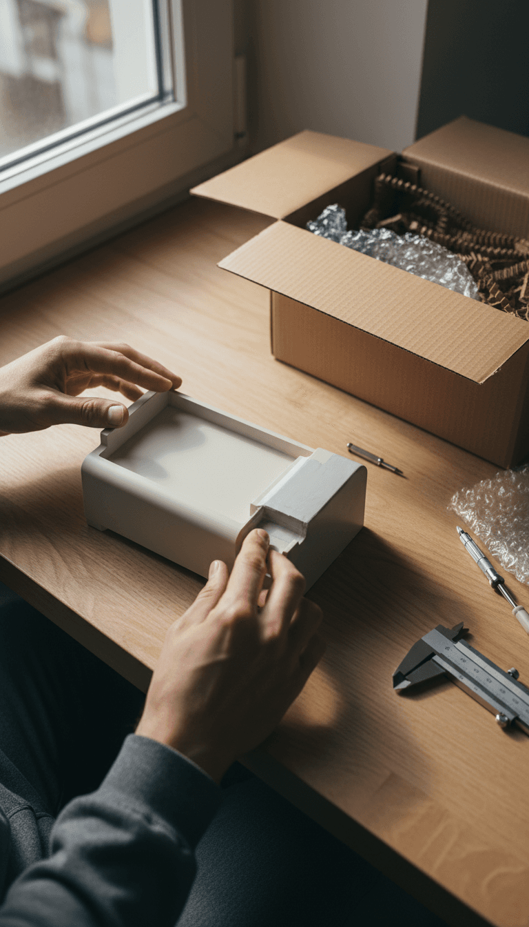 Close-up of hands inspecting a repaired plastic part on a workbench with shipping supplies nearby