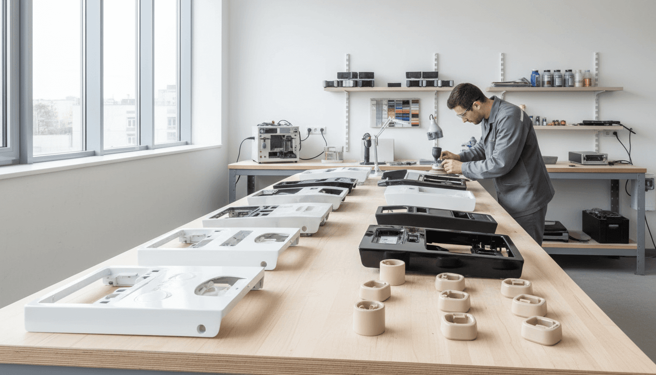 Repair technician's workbench with a disassembled plastic tool housing ready for mending